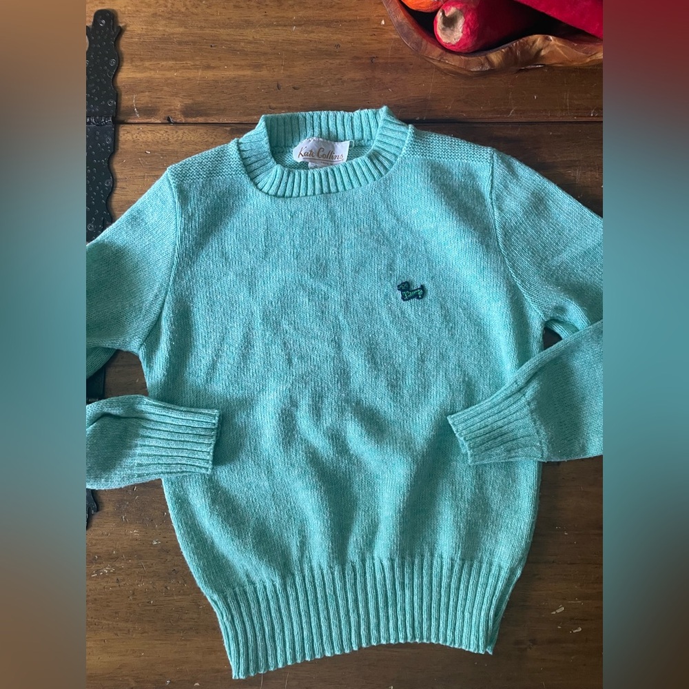 Vintage 80s Kate Collins Sweater Green Preppy Dog Crewneck Acrylic Size Small